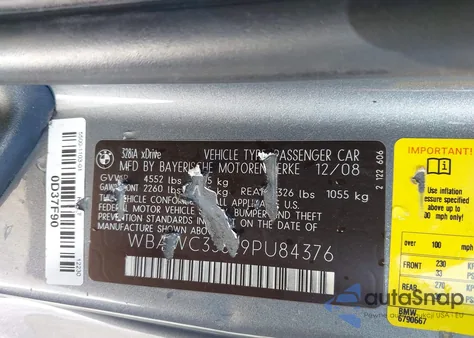 2009 BMW 328I xDrive из США, поврежденный, VIN WBAWC33529PU84376